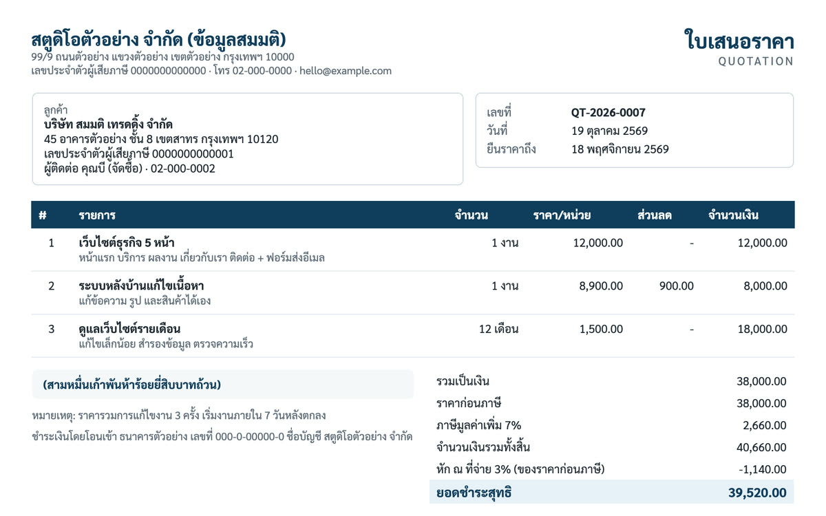 ใบเสนอราคา PDF ที่สร้างจาก Google Sheets